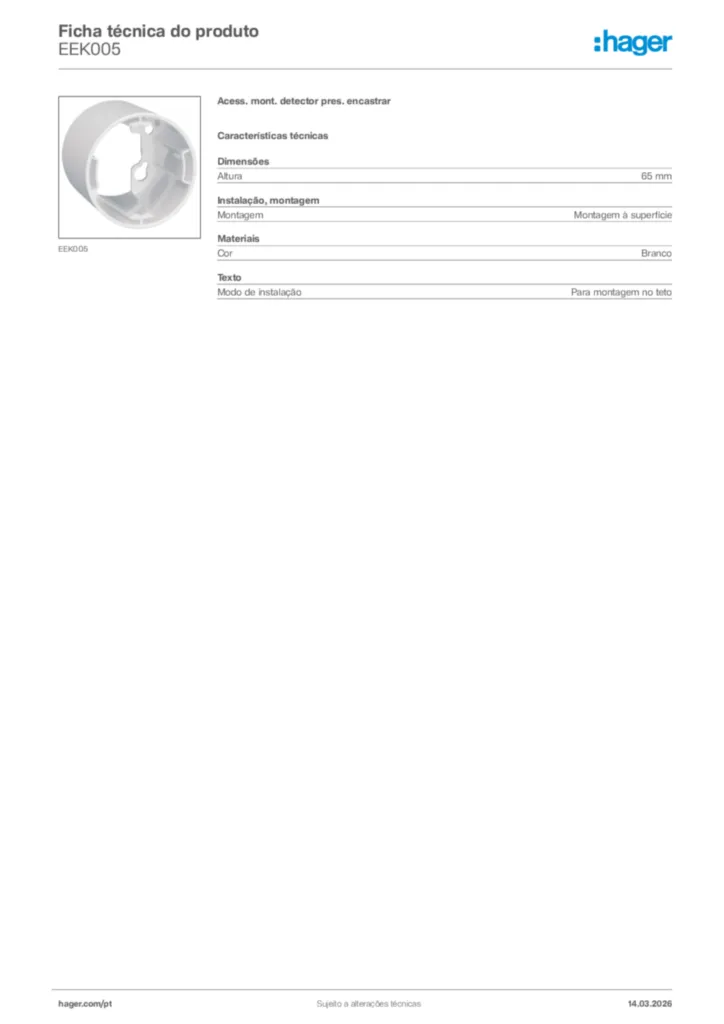 Imagem Hager Ficha técnica do produto EEK005 | Hager Portugal