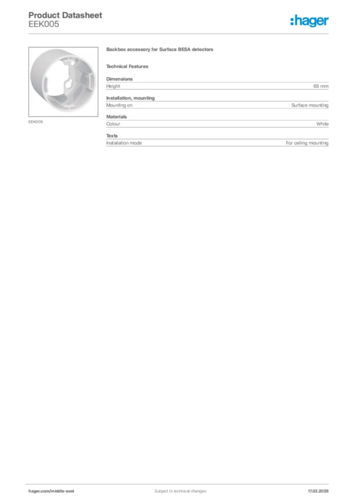 Image Hager Product data sheet EEK005  | Hager