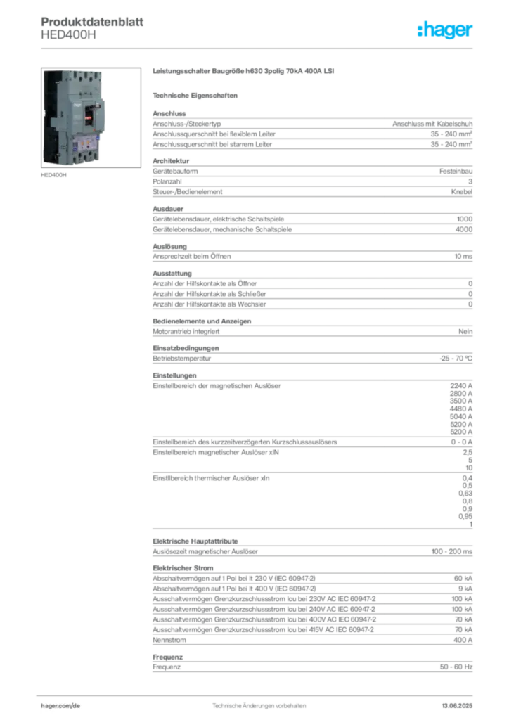 Bild Hager Produktdatenblatt HED400H | Hager Deutschland