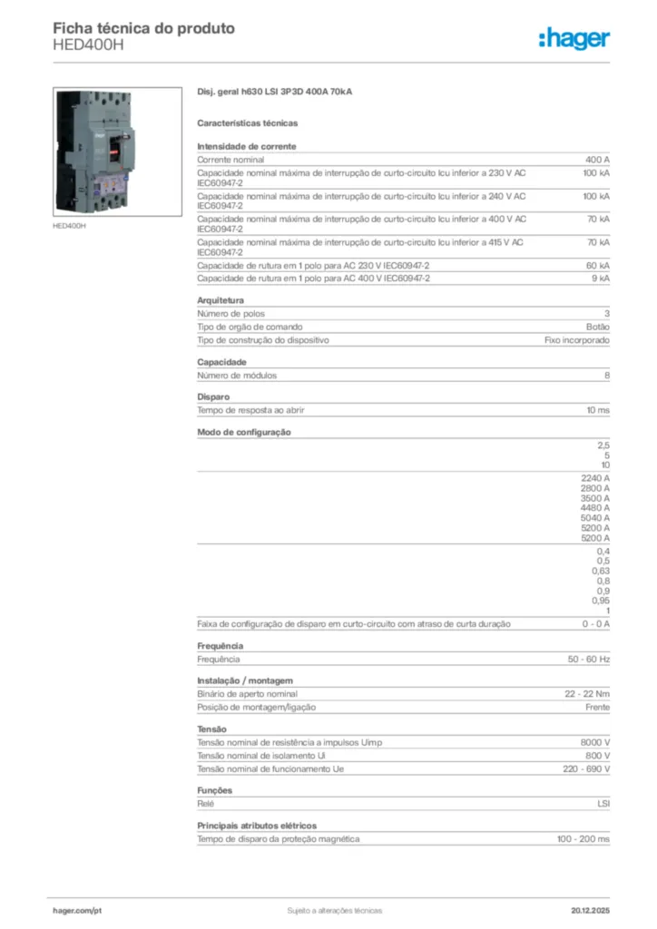 Imagem Hager Ficha técnica do produto HED400H | Hager Portugal