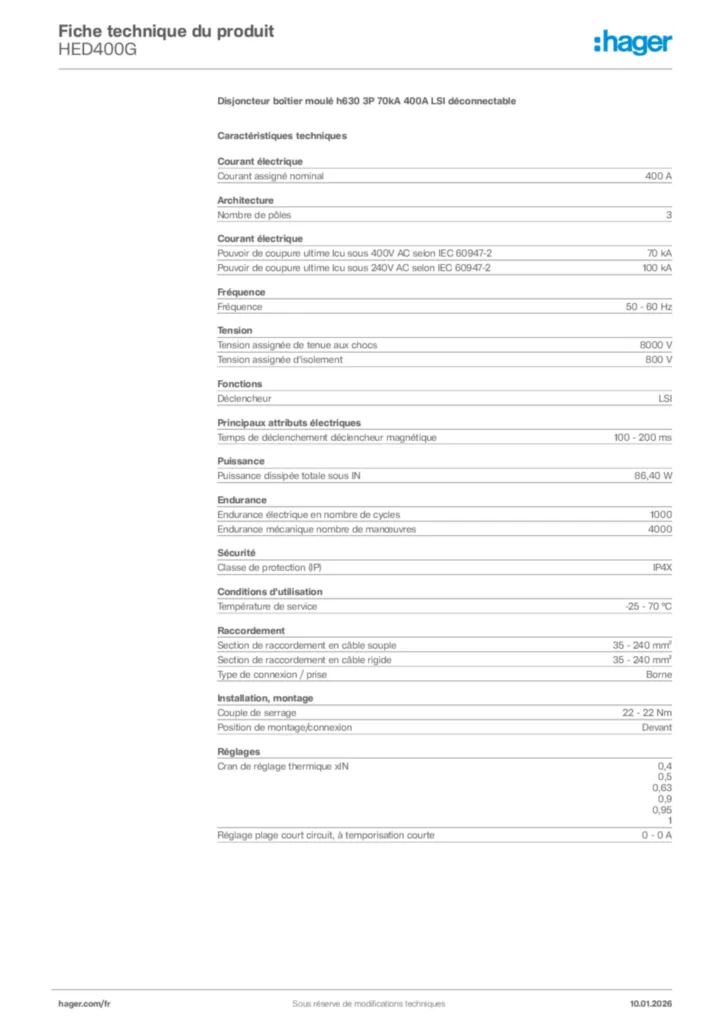 Image Hager Fiche technique du produit HED400G | Hager France
