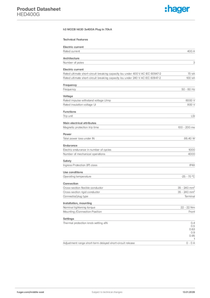 Image Hager Product data sheet HED400G  | Hager