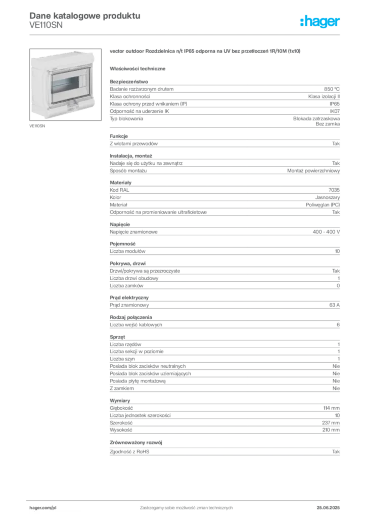 Zdjęcie Hager Dane katalogowe produktu VE110SN | Hager Polska
