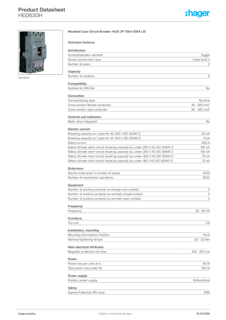 Image Hager Product data sheet HED630H  | Hager Australia