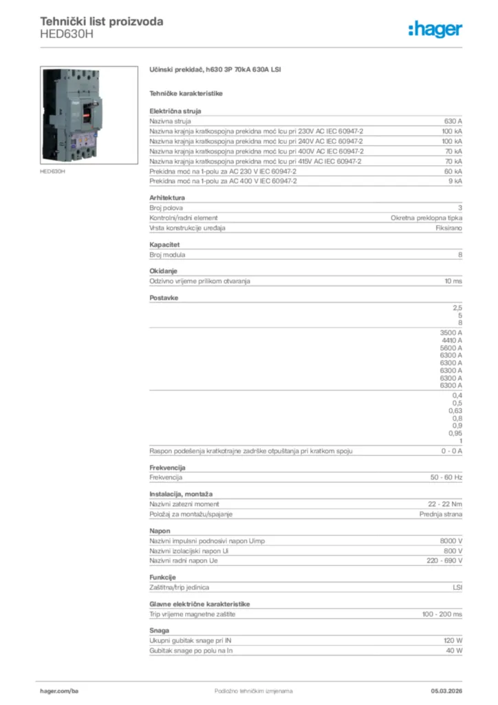 Slika Hager Tehnički list proizvoda HED630H  | Hager