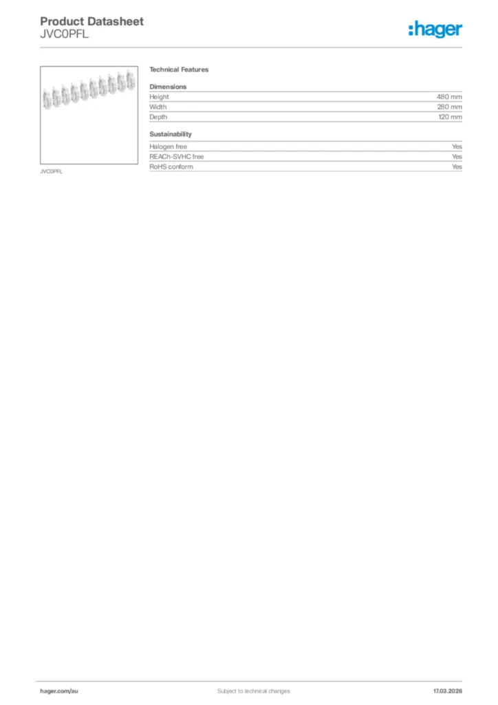 Image Hager Product data sheet JVC0PFL  | Hager Australia