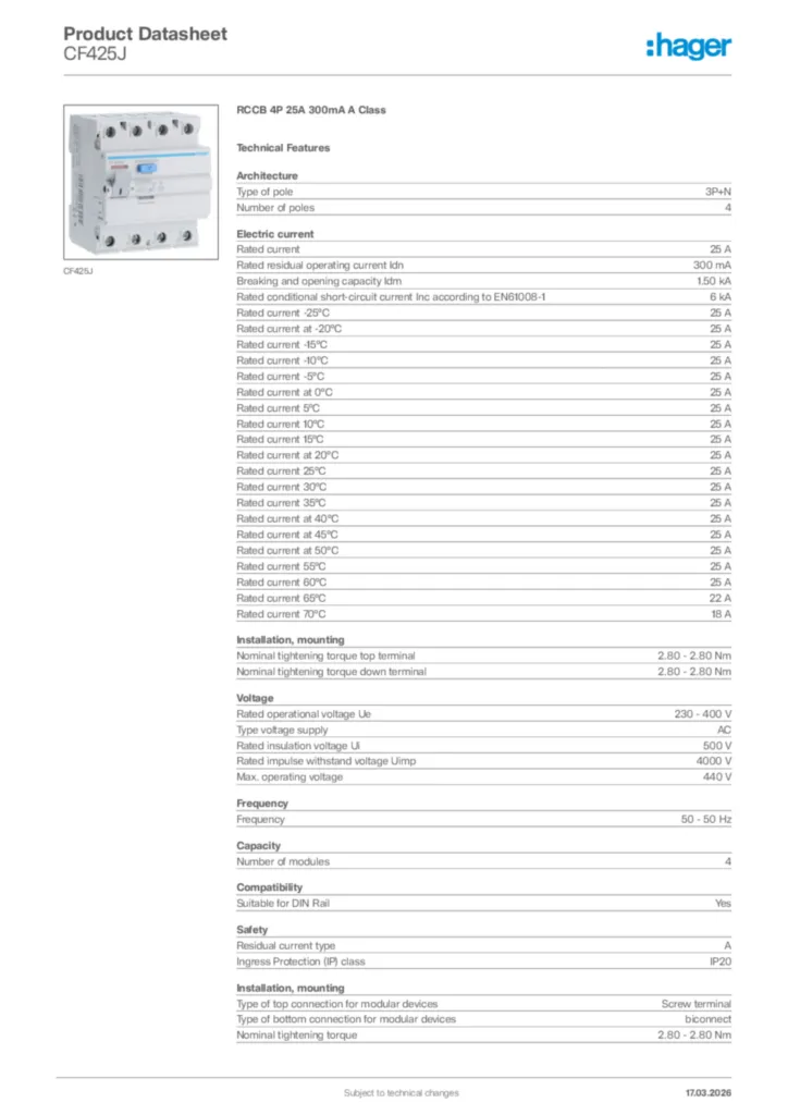 Image Hager Product data sheet CF425J  | Hager Africa