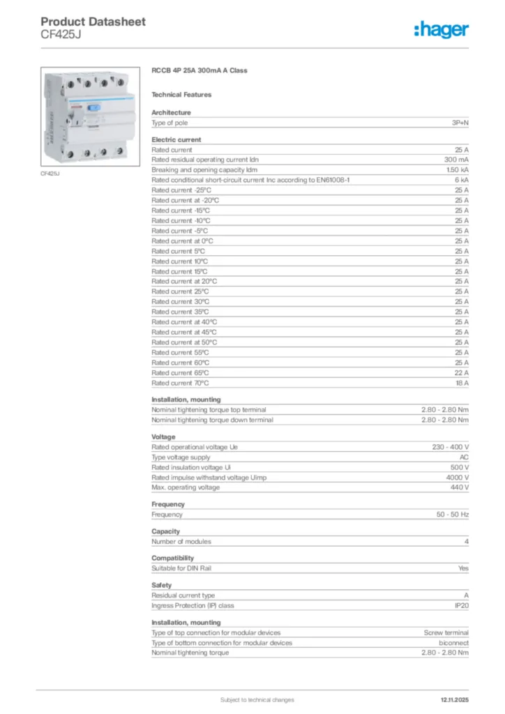 Image Hager Product data sheet CF425J  | Hager Africa