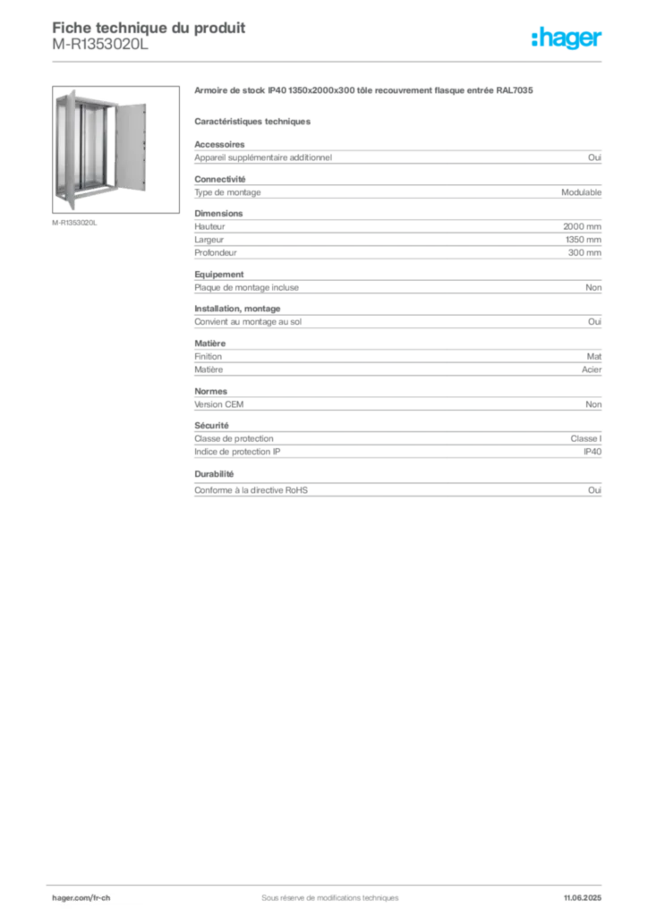 Image Hager Fiche technique du produit M-R1353020L | Hager Suisse
