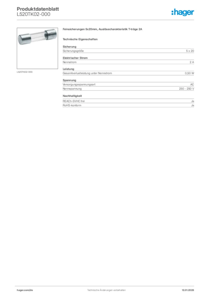 Bild Hager Produktdatenblatt L520TK02-000 | Hager Deutschland