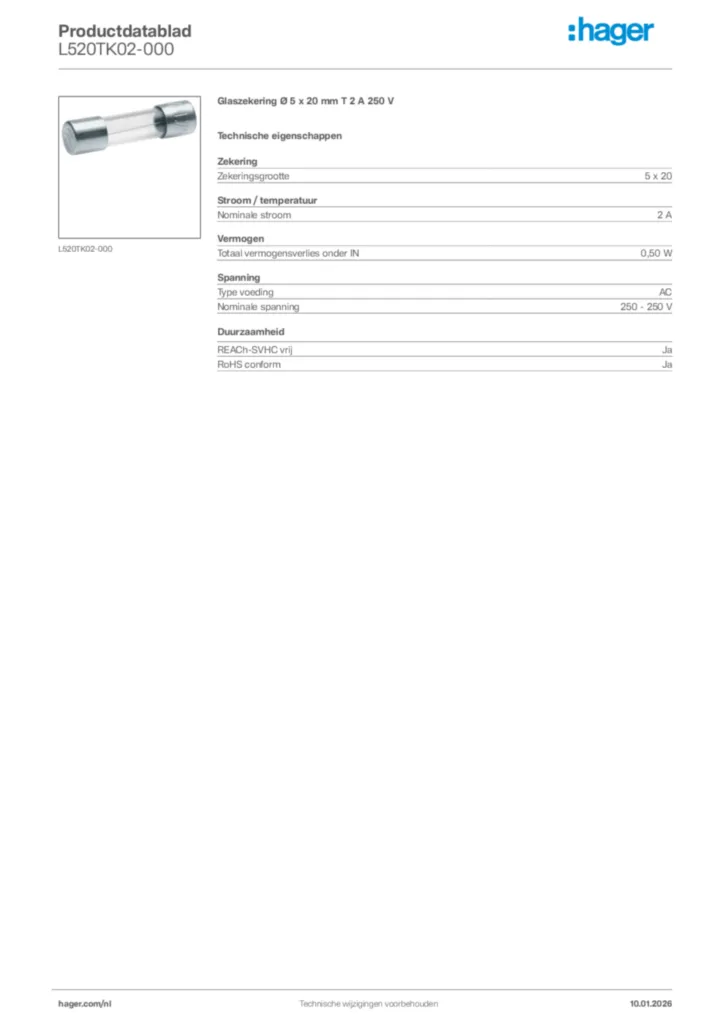 Afbeelding Hager Productdatablad L520TK02-000 | Hager Nederland