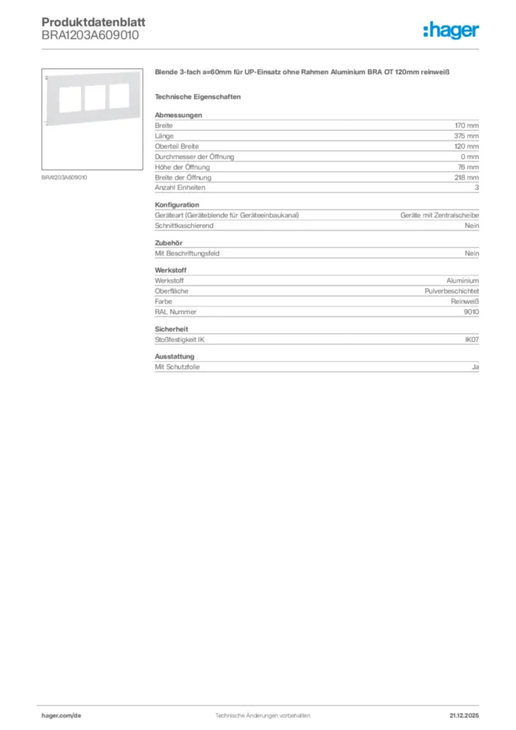 Bild Hager Produktdatenblatt BRA1203A609010 | Hager Deutschland