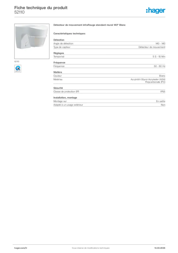 Image Hager Fiche technique du produit 52110 | Hager France