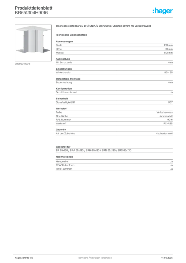 Bild Hager Produktdatenblatt BR651304H9016 | Hager Schweiz
