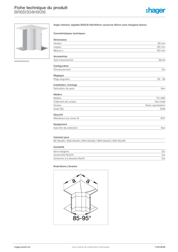 Image Hager Fiche technique du produit BR651304H9016 | Hager Suisse