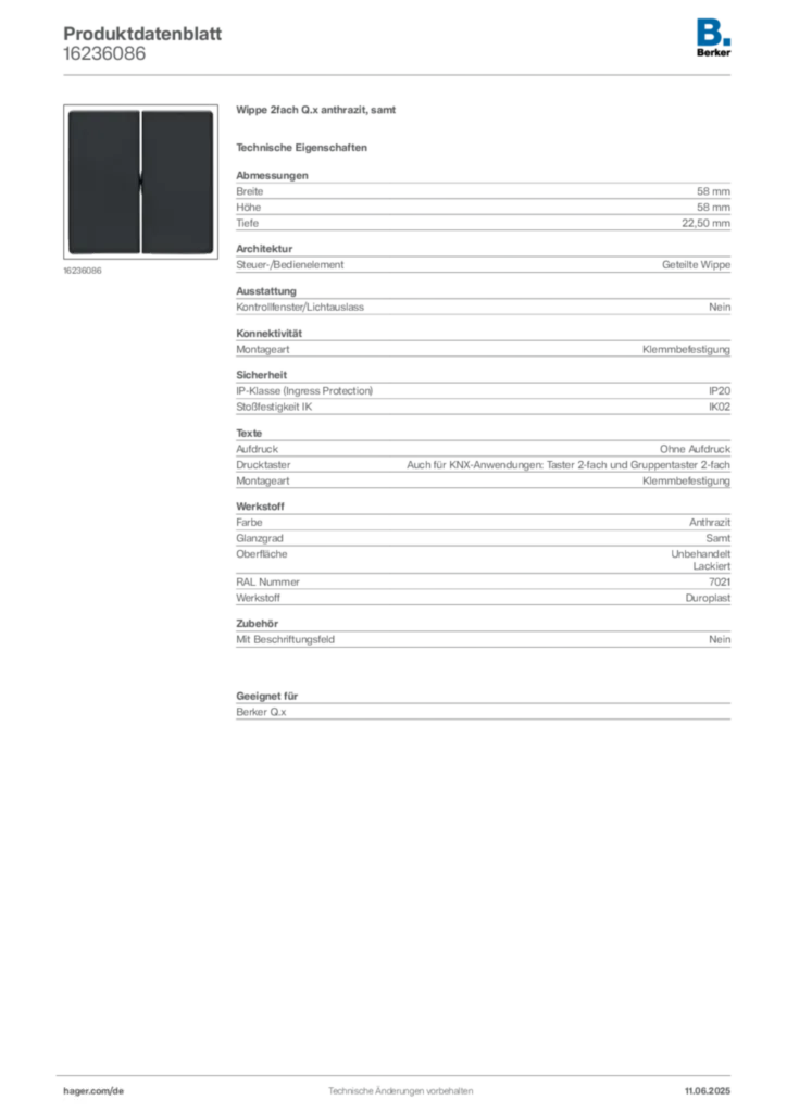 Bild Berker Produktdatenblatt 16236086 | Hager Deutschland