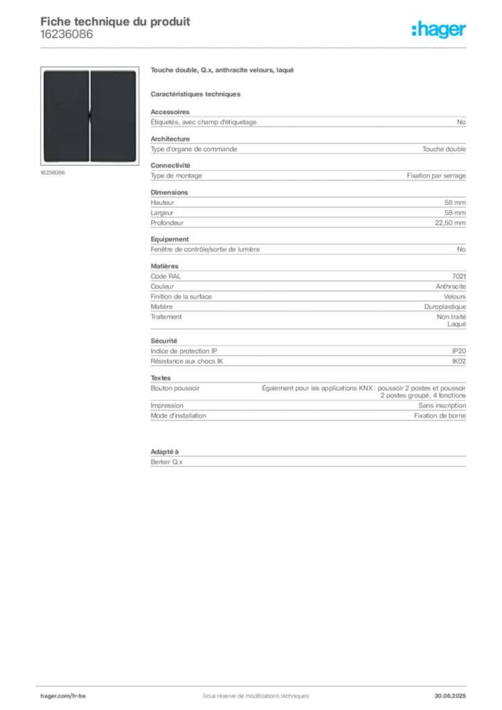 Image Hager Fiche technique du produit 16236086 | Hager Belgique