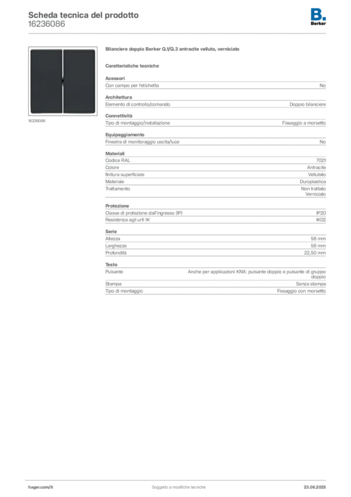 Immagine Berker Scheda tecnica del prodotto 16236086 | Hager Italia