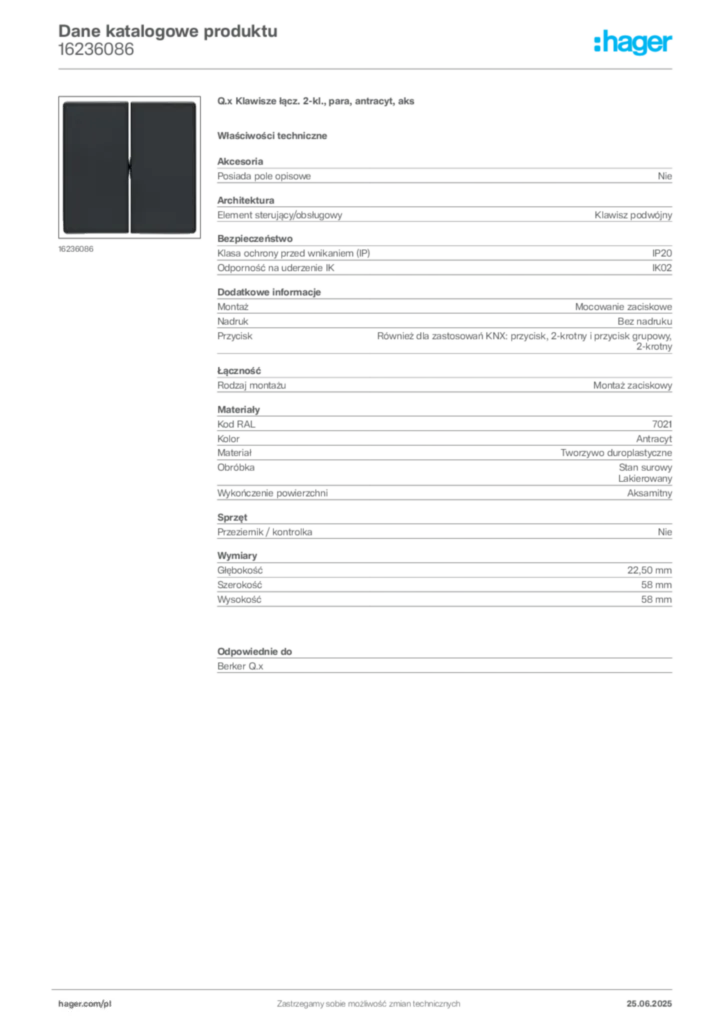 Zdjęcie Hager Dane katalogowe produktu 16236086 | Hager Polska