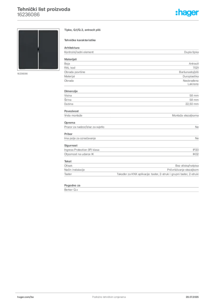 Slika Hager Product data sheet 16236086  | Hager
