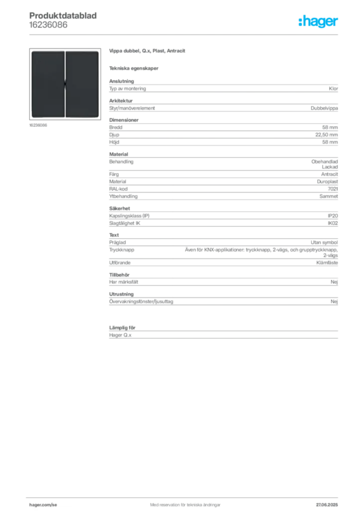 Bild Hager Produktdatablad 16236086 | Hager Sverige