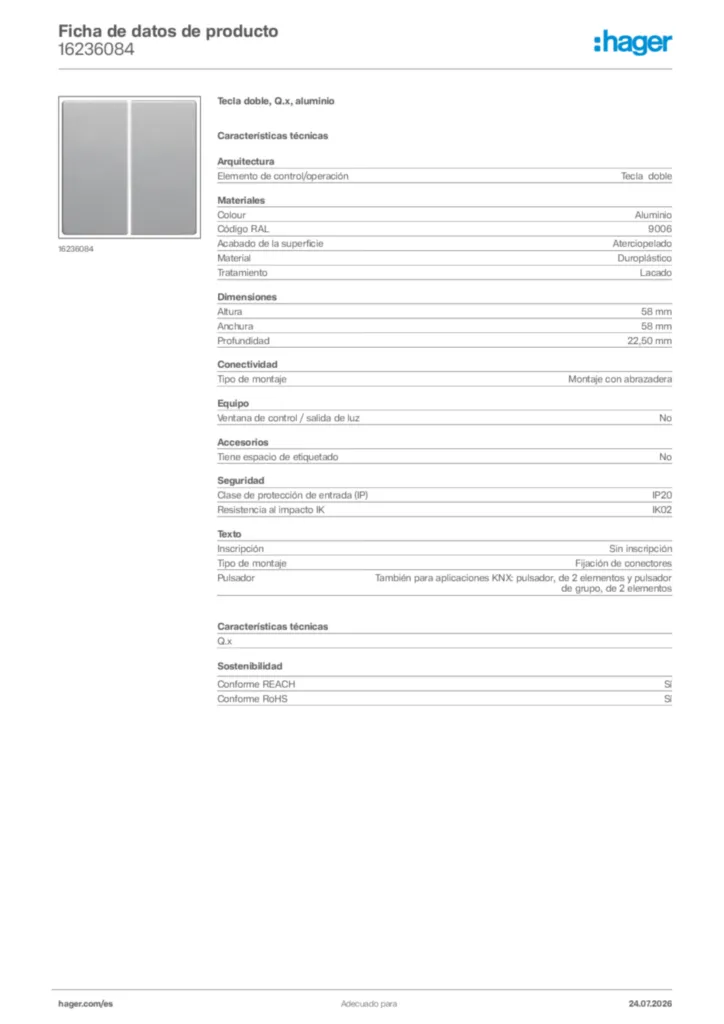 Imagen Hager Ficha de datos de producto 16236084 | Hager España