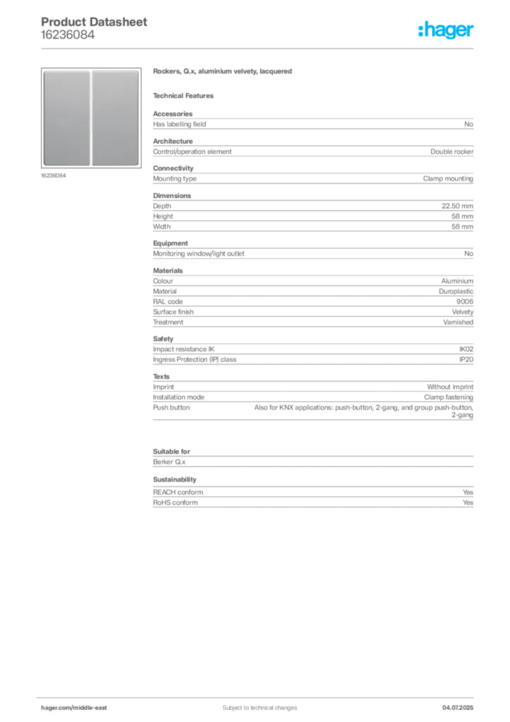 Image Hager Product data sheet 16236084  | Hager