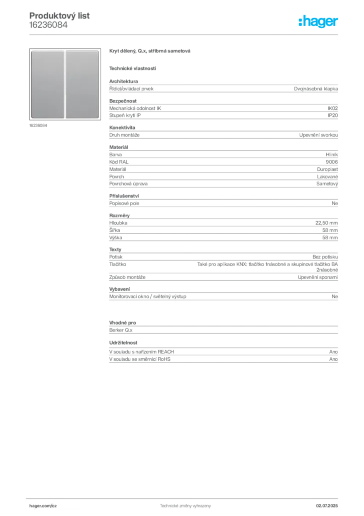 Obrázek Hager Produktový list 16236084 | Hager