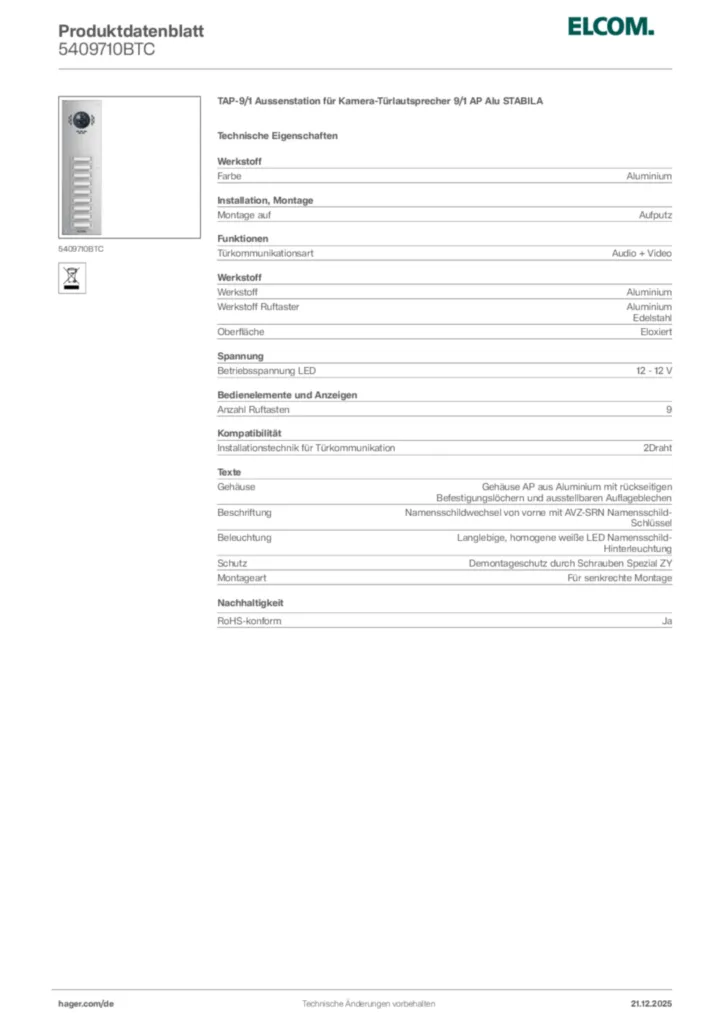 Bild Elcom Produktdatenblatt 5409710BTC | Hager Deutschland
