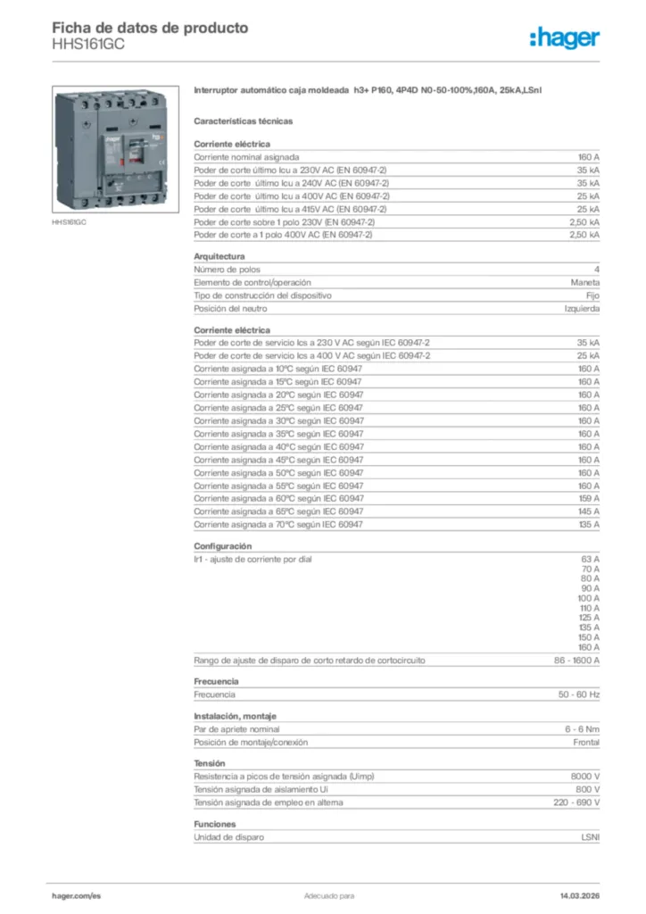 Imagen Hager Ficha de datos de producto HHS161GC | Hager España