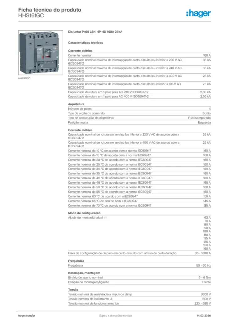 Imagem Hager Ficha técnica do produto HHS161GC | Hager Portugal