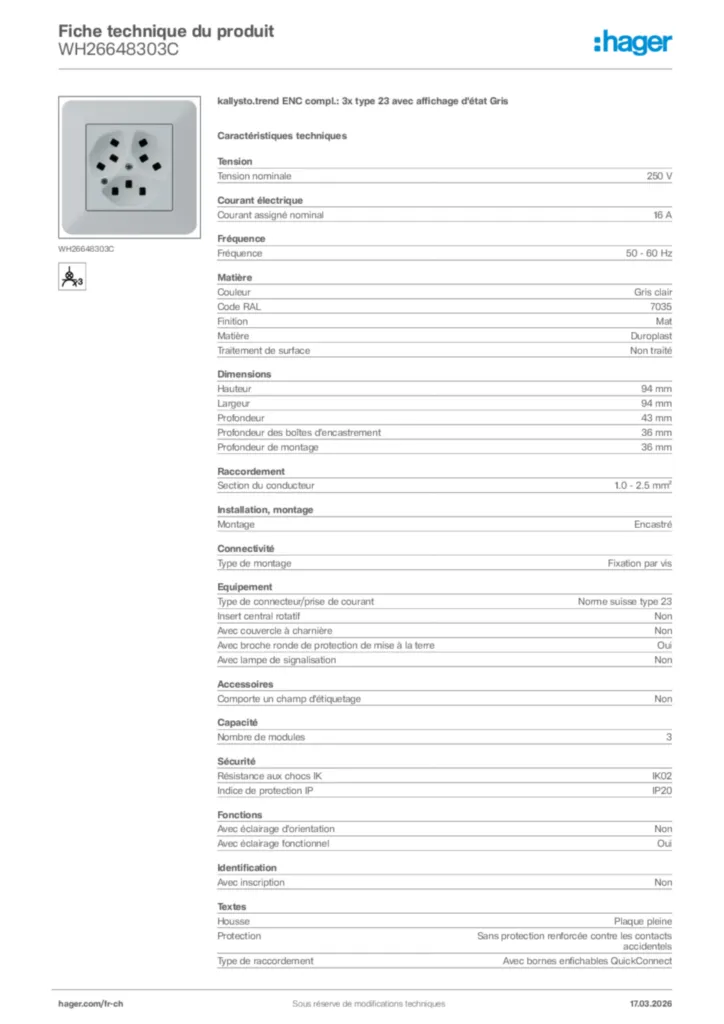 Image Hager Fiche technique du produit WH26648303C | Hager Suisse