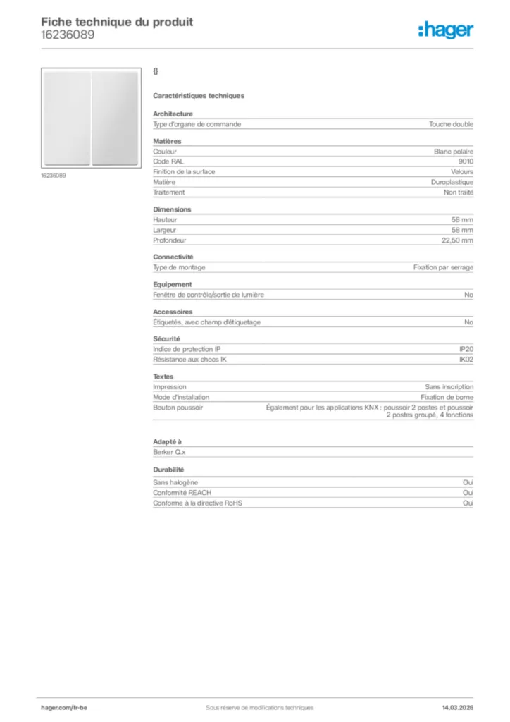 Image Hager Fiche technique du produit 16236089 | Hager Belgique