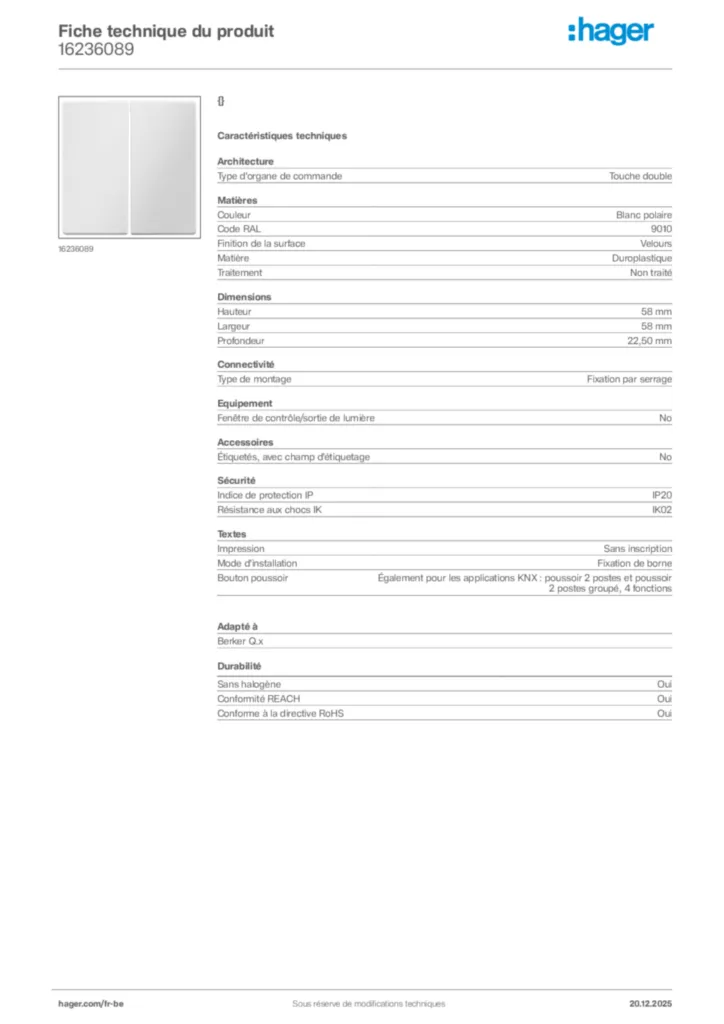 Image Hager Fiche technique du produit 16236089 | Hager Belgique