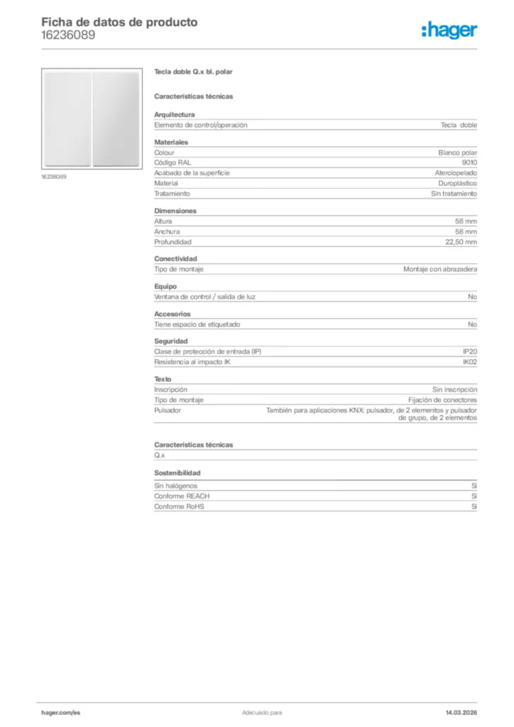 Imagen Hager Ficha de datos de producto 16236089 | Hager España