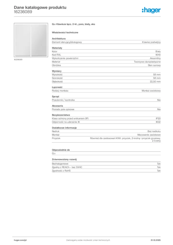 Zdjęcie Hager Dane katalogowe produktu 16236089 | Hager Polska