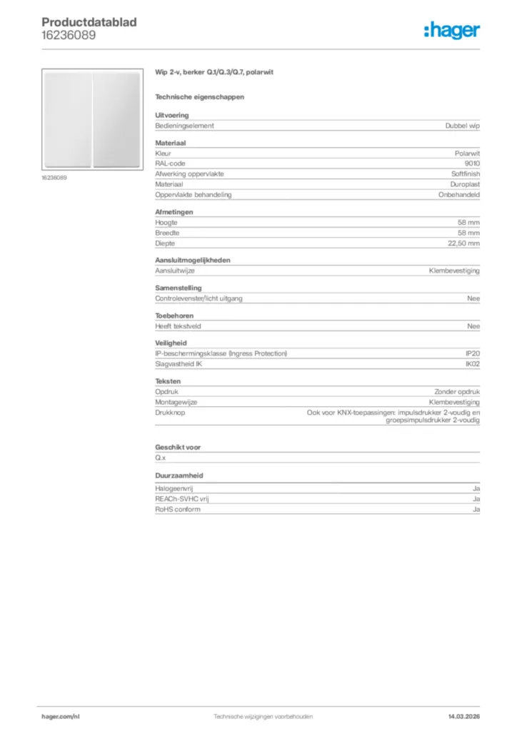 Afbeelding Hager Productdatablad 16236089 | Hager Nederland