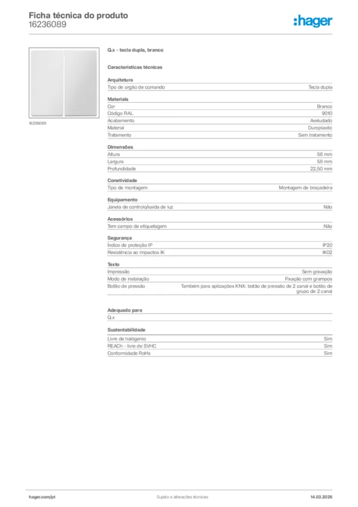 Imagem Hager Ficha técnica do produto 16236089 | Hager Portugal