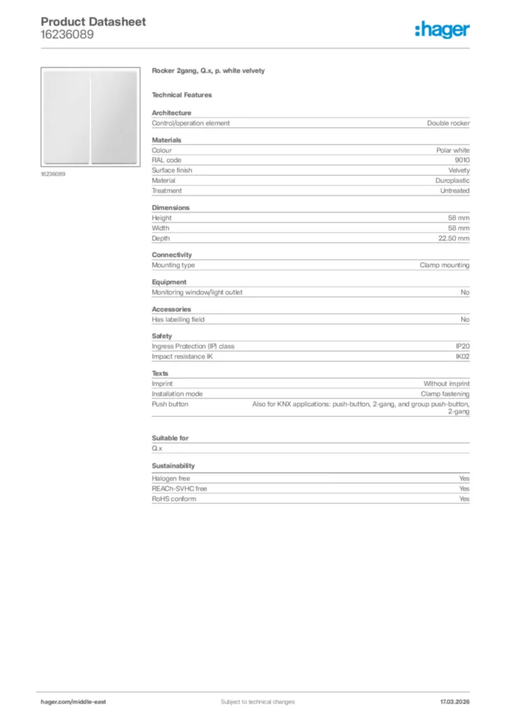 Image Hager Product data sheet 16236089  | Hager