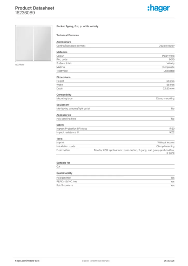 Image Hager Product data sheet 16236089  | Hager