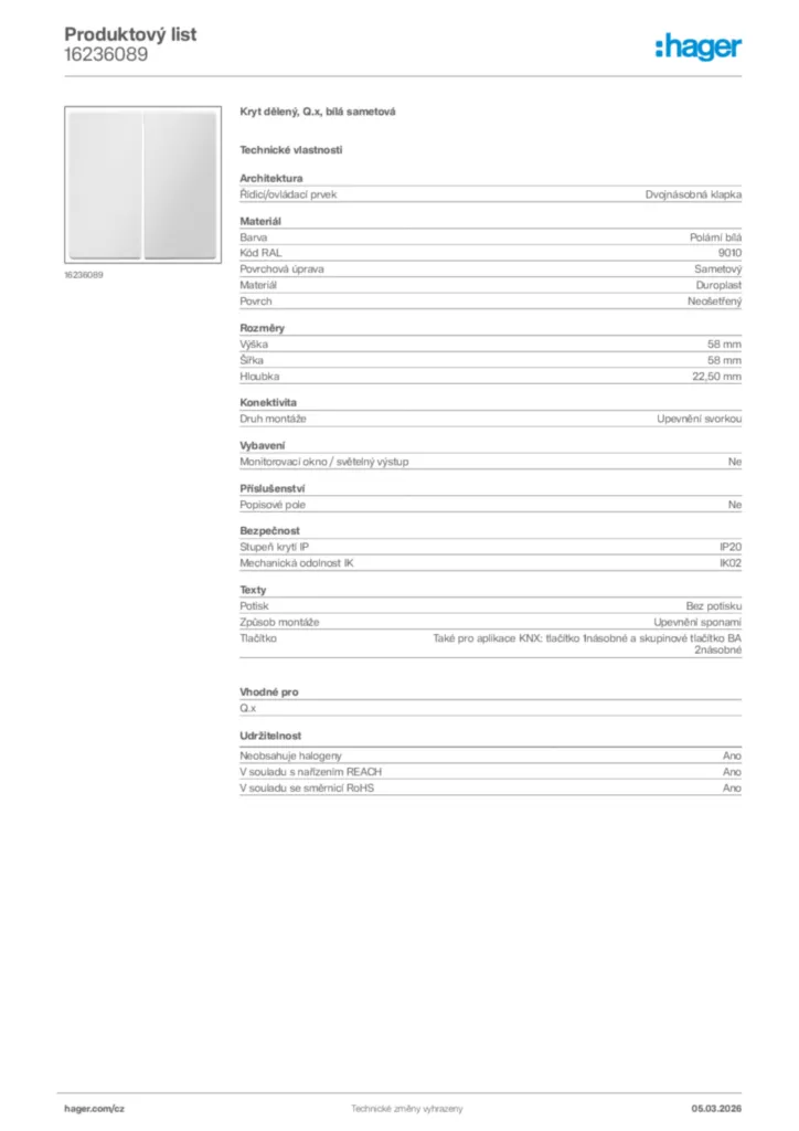 Obrázek Hager Product data sheet 16236089 | Hager