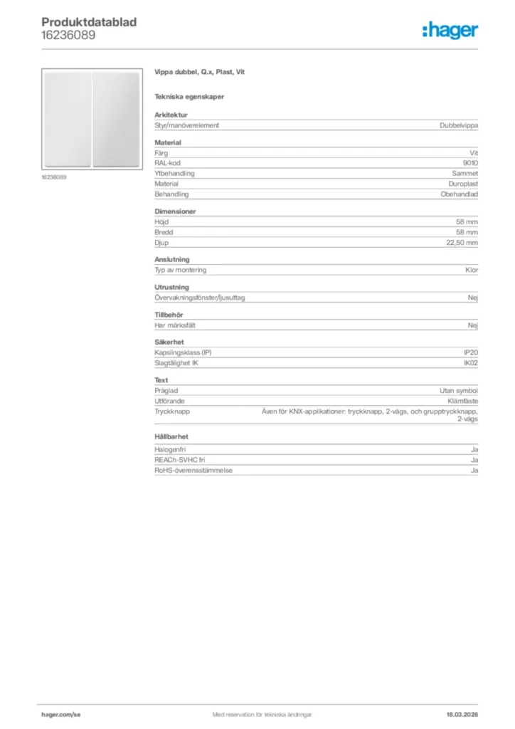 Bild Hager Produktdatablad 16236089 | Hager Sverige