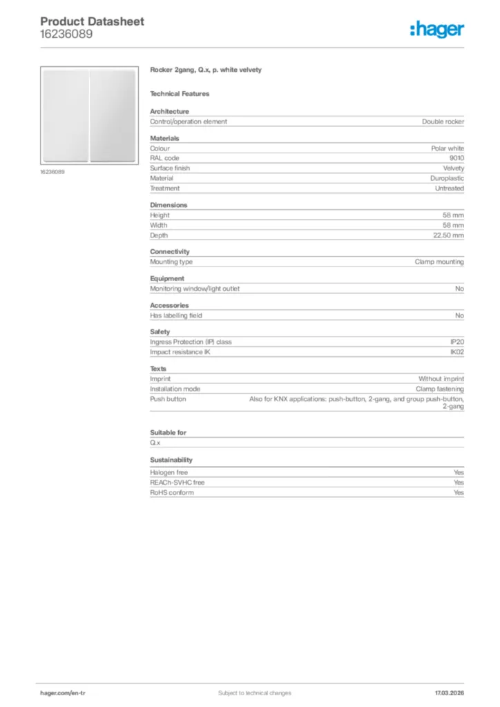 Image Hager Product data sheet 16236089  | Hager