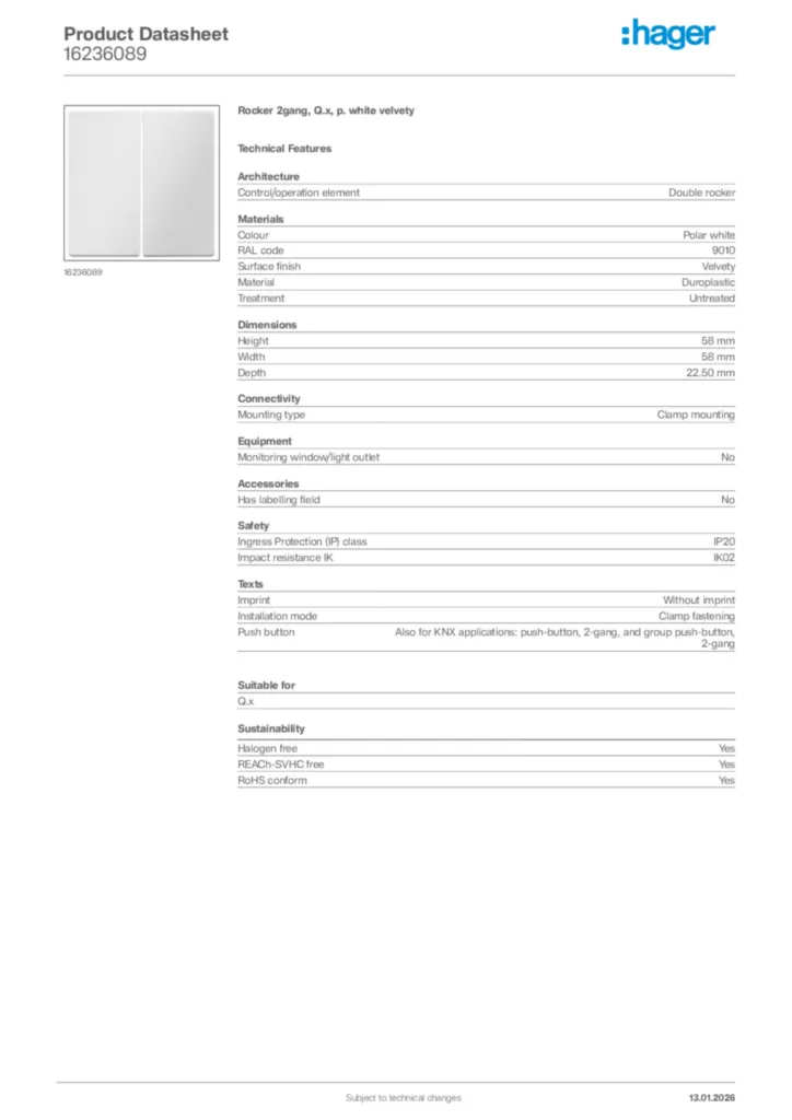 Image Hager Product data sheet 16236089  | Hager