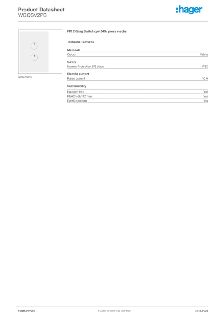 Image Hager Product data sheet WBQSV2PB  | Hager Australia