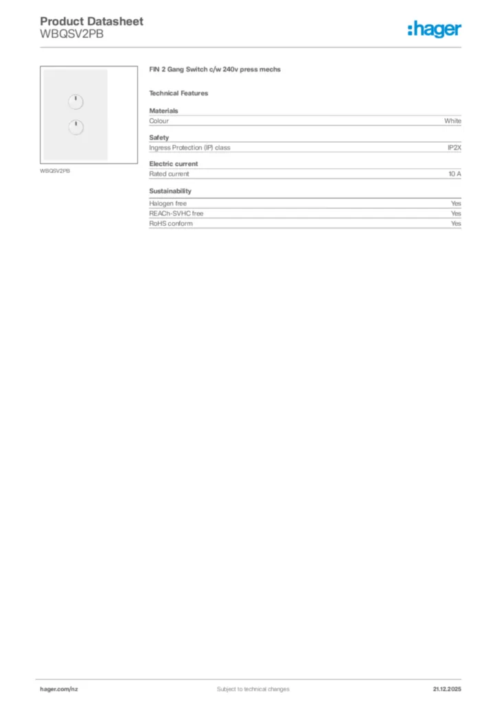 Image Hager Product data sheet WBQSV2PB  | Hager New Zealand