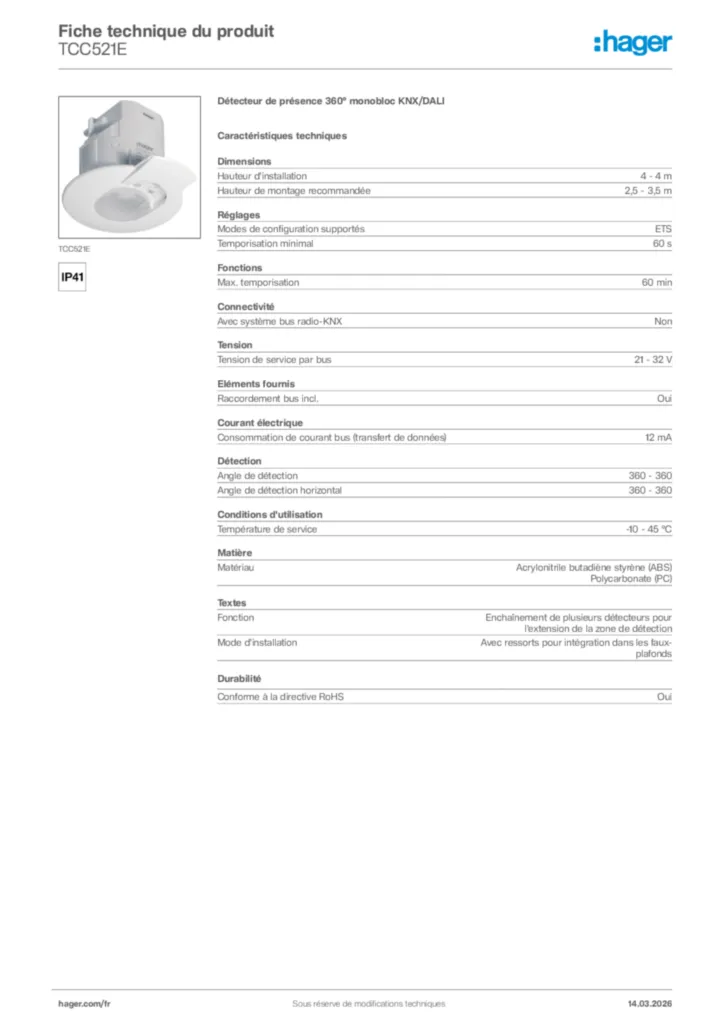 Image Hager Fiche technique du produit TCC521E | Hager France