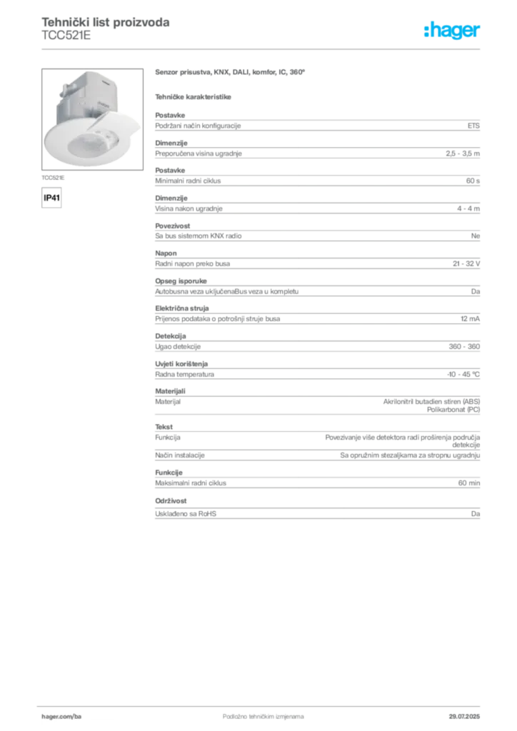 Slika Hager Product data sheet TCC521E  | Hager