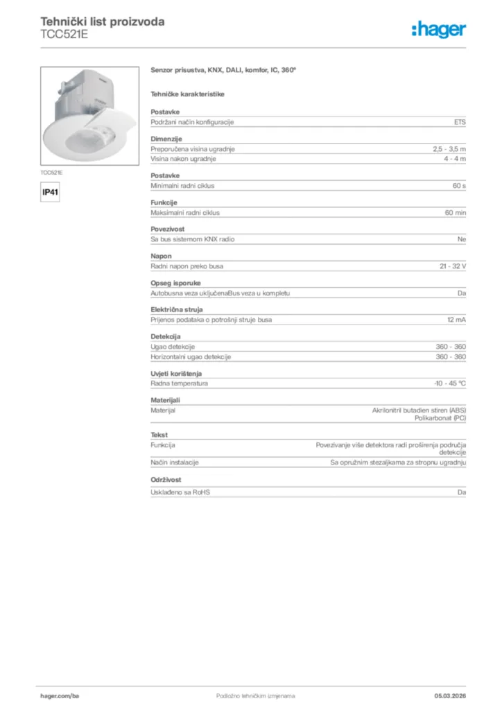 Slika Hager Tehnički list proizvoda TCC521E  | Hager