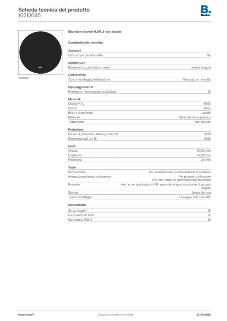 Immagine Berker Scheda tecnica del prodotto 16212045 | Hager Italia